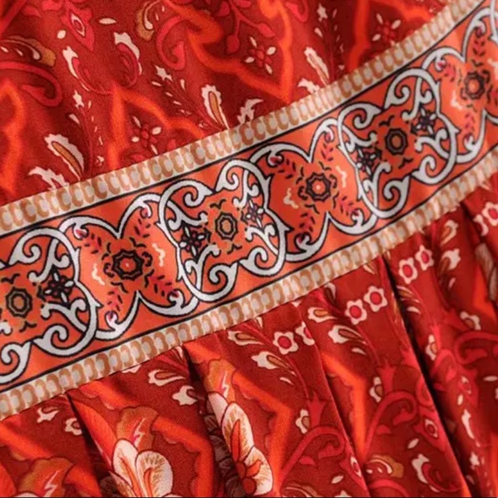 Boho Floral Paisley Gypsy Print Tunic Dress Red - Picture 7 of 9